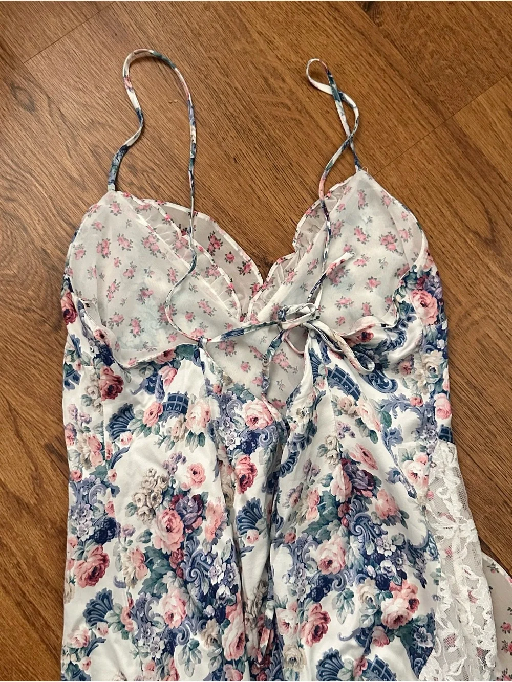 For Love & Lemons Blue Pink Floral Backless Lace Maxi Dress large Joselyn